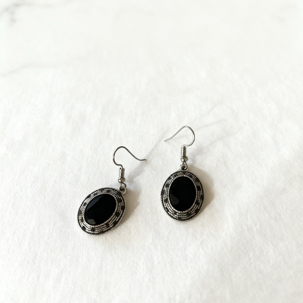 Classic Silver-Tone Black Stone Drop Earrings